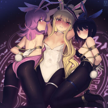 3girls animal_ears armpits arms_behind_back arms_up ass bare_shoulders bdsm black_hair black_leotard black_pantyhose blonde_hair bondage bound bound_ankles breasts cad_(caddo) choker commentary_request fake_tail fate/grand_order fate_(series) gloves high_heels highres hildr_(fate) leotard medium_breasts multiple_girls nipples ortlinde_(fate) pantyhose playboy_bunny purple_hair purple_leotard rabbit_ears rabbit_tail red_eyes strapless strapless_leotard tail thigh_strap thighs thrud_(fate) valkyrie_(fate) white_gloves white_leotard