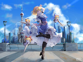 absurdres alice_margatroid ascot ass blonde_hair blue_dress blue_eyes boots china cityscape dress edz_drawz frilled_ascot frilled_hairband frilled_sash frills fumo_(doll) grimoire_of_alice hairband highres lamppost looking_at_viewer looking_back medium_dress medium_hair puffy_short_sleeves puffy_sleeves red_ascot red_sash sash shanghai shanghai_doll short_sleeves standing standing_on_one_leg tiptoes touhou white_sleeves