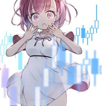 1girl :o bad_source breasts clothes_lift cowboy_shot dress fukuga_kurumi fx_senshi_kurumi-chan hair_ornament hairpin hands_on_own_cheeks hands_on_own_face lowres medium_breasts neck_ribbon open_mouth pink_hair ribbon short_hair short_sleeves skirt skirt_lift solo stock_chart tansan_daisuki white_dress