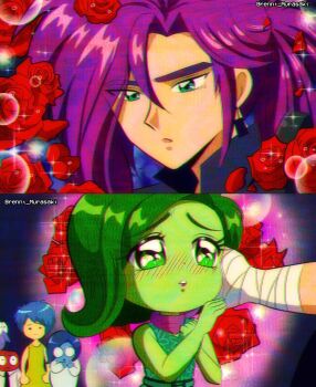 3boys 3girls anger_(inside_out) artist_name bandaged_hand bandages blue_hair blue_jacket blue_skin blush brenni_murasaki clip_studio_paint_(medium) collared_shirt colored_skin commentary disgust_(inside_out) dress fear_(inside_out) flat_chest flower glasses green_dress green_eyes green_skin highres inside_out jacket joy_(inside_out) lance_slashblade long_hair looking_down looking_up medium_hair multiple_boys multiple_girls petals purple_hair purple_scarf purple_skin red_skin rose rose_petals sadness_(inside_out) sailor_moon scarf shirt white_shirt wide-eyed yellow_skin