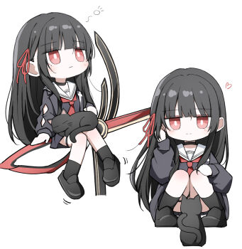 1girl black_cat black_choker black_hair black_jacket black_skirt cat chisa_(wuthering_waves) choker closed_mouth commentary hair_ribbon hand_up heart jacket long_hair looking_at_animal mole mole_under_eye multiple_views red_eyes red_ribbon ribbon sailor_collar simple_background skirt smile white_background white_sailor_collar wuthering_waves yuukun_mk-ii