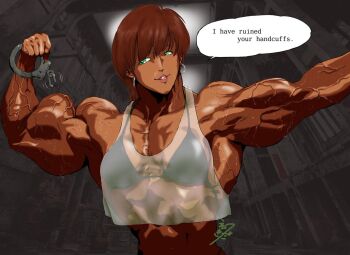 1girl biceps bikini bodybuilder cuffs extreme_strength handcuffs muscular muscular_arms muscular_female swimsuit
