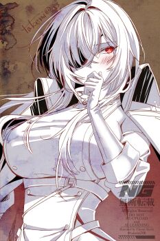 1girl artist_name azur_lane blush breasts bright_pupils brown_background coat commentary_request covering_own_mouth embarrassed eyepatch fritz_rumey_(azur_lane) gloves harness highres large_breasts long_hair military_uniform mole mole_under_eye red_eyes solo takemi_mochi upper_body watermark white_pupils