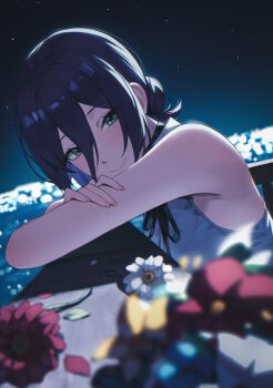 1girl against_railing bare_arms black_choker black_hair black_ribbon blue_flower blurry blush bouquet breasts chainsaw_man choker city_lights closed_mouth crossed_arms depth_of_field flower green_eyes hair_between_eyes hair_bun highres long_hair_between_eyes looking_at_viewer medium_breasts night outdoors railing red_flower red_petals reze_(chainsaw_man) ribbon shirt sky sleeveless sleeveless_shirt smile solo star_(sky) starry_sky suumon turning_head white_flower white_petals white_shirt yellow_flower