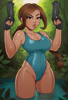 1girl braid breasts brown_eyes brown_hair cameltoe curvy fingerless_gloves gloves green_one-piece_swimsuit gun handgun highleg highleg_one-piece_swimsuit holding holding_weapon jungle lara_croft large_breasts lips long_braid long_hair looking_at_viewer low-tied_long_hair monosloth nature one-piece_swimsuit shiny_clothes shiny_skin single_braid solo swimsuit thick_thighs thighs tomb_raider water weapon