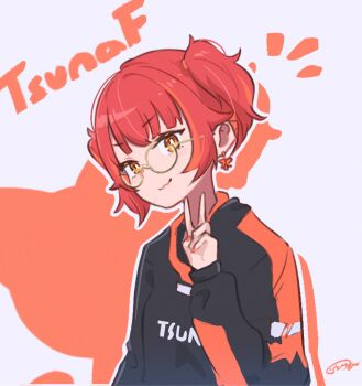 Rule 34 | 1girl, :3, alternate costume, black shirt, commentary request, earrings, glasses, highres, jewelry, long sleeves, looking at viewer, nekota tsuna, orange eyes, orange nails, red hair, shirt, sideways glance, simple background, simuyutou, solo, twintails, two-tone shirt, upper body, v, virtual youtuber, vspo!