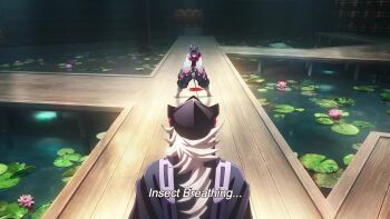 1boy 1girl animated battle blood destruction douma_(kimetsu_no_yaiba) kimetsu_no_yaiba kochou_shinobu sword tagme video weapon