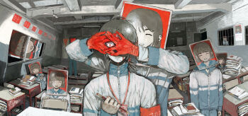 Rule 34 | 6+boys, absurdres, commentary, covered face, highres, holding, holding pencil, leizi (vgpm7245), mole, mole under eye, mole under mouth, multiple boys, original, pencil, red eyes, short hair, track suit