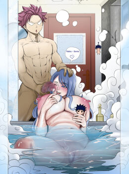 1boy 1girl abs bare_shoulders bath bathing bathroom bathtub biceps blue_eyes blue_hair breasts censored cleavage completely_nude fairy_tail fellatio hand_on_another&#039;s_head hand_on_own_penis hand_on_penis hetero highres huge_breasts juvia_lockser kimkun0162 large_areolae large_breasts long_hair muscular muscular_arms muscular_male natsu_dragneel netorare nipples nude open_mouth oral pectorals penis penis_on_face pink_hair pussy spiked_hair spread_legs wet wet_breasts