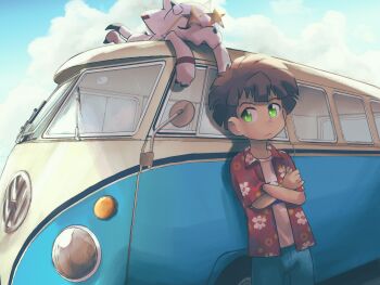 Rule 34 | 1boy, absurdres, amanokawa hiro, digimon, digimon (creature), digimon ghost game, flower shirt, gammamon, glasses, green eyes, highres, motor vehicle, shirt, shorts, sleeping, sunglasses, van