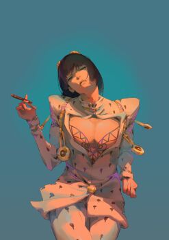 1boy absurdres arm_up black_hair blue_background bob_cut bruno_bucciarati cigar cleavage_cutout clothing_cutout collared_jacket cowboy_shot daccel green_eyes head_back head_tilt highres holding holding_cigar jacket jojo_no_kimyou_na_bouken looking_at_viewer male_focus medium_hair negative_space oversized_zipper pants pectoral_cleavage pectorals solo straight-on vento_aureo white_pants zipper
