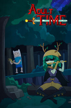 1boy 1girl adventure_time black_cape blue_pants blue_shirt breasts brown_gloves brown_pants cape closed_eyes colored_skin commentary cover cover_page elbow_gloves english_text finn_the_human flute forest gloves green_hair green_skin hat hat_with_ears highres huntress_wizard in_tree instrument korean_commentary medium_breasts nature night pants plant_hair shirt single_elbow_glove sitting sitting_in_tree title tree wb_(dl4239dl)