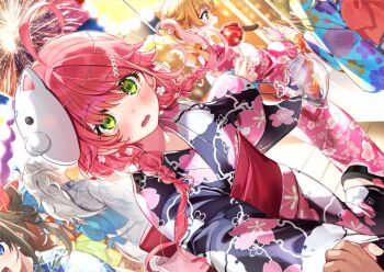 6+girls ahoge alternate_hairstyle animal_ears bag black_kimono black_sandals blonde_hair blue_bow blue_hair blue_kimono blue_nails blue_sash blush bow braid brown_hair candy_apple chocolate-covered_food chocolate_banana commentary dutch_angle feet_out_of_frame festival fireworks fish floral_print flower food from_side gakuon_(gakuto) goldfish green_eyes grey_hair hair_bow hair_flower hair_ornament hair_ribbon heart heart_ahoge holding holding_food holding_hands hololive japanese_clothes jewelry kimono large_bow lion_ears lion_girl lion_tail long_hair looking_at_viewer low_twin_braids middle_ring momosuzu_nene multicolored_nails multiple_girls nail_polish obi omaru_polka open_mouth pink_hair pink_kimono plastic_bag print_kimono purple_nails red_bow red_ribbon red_sash ribbon ring sakura_miko sakuramon sandals sash scrunchie shishiro_botan smile solo_focus spider_lily_print standing star_(symbol) star_hair_ornament surprised tail taking_another's_hand tokino_sora twin_braids virtual_youtuber wide_sleeves wrist_scrunchie yellow_bow yukata yukihana_lamy