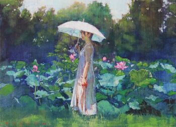 1girl commentary_request day dress field flower flower_field highres holding holding_umbrella kazuho_iwamoto leaf oil_painting_(medium) original painting_(medium) pink_flower shadow sleeveless sundress sunlight traditional_media tree umbrella white_umbrella