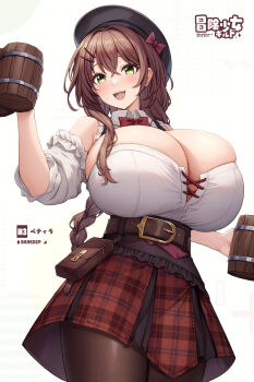 Rule 34 | 1girl, beer mug, belt, beret, black headwear, black pantyhose, bow, bowtie, braid, braided ponytail, breasts, cleavage, cup, curvy, green eyes, hair ornament, hairclip, hat, high-waist skirt, highres, huge breasts, kannko bokujou, low ponytail, mug, original, pantyhose, plaid clothes, plaid skirt, ponytail, red skirt, shirt, simple background, skirt, smile, solo, standing, white background, white shirt, wooden cup