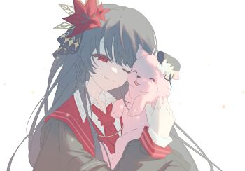 1girl :3 animal animalization black_hair chinese_commentary closed_eyes closed_mouth commentary_request commission dog flower gloves hair_flower hair_ornament highres holding holding_animal holding_dog long_hair long_sleeves mahou_shoujo_no_majo_saiban nikaido_hiro one_eye_closed red_eyes red_flower sakuraba_ema second-party_source simple_background smile solo upper_body white_background white_dog white_gloves zheng_jieluxi