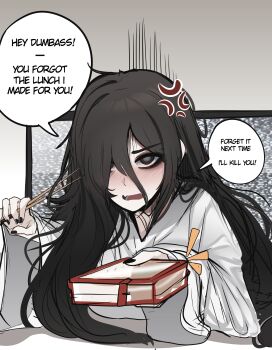 1girl absurdres anger_vein black_hair black_nails blush box chopsticks dress english_text fang grey_eyes hair_between_eyes hair_over_one_eye highres holding holding_box holding_chopsticks long_hair lunchbox mikuneki open_mouth skin_fang solo speech_bubble static television the_ring through_medium through_screen tsundere white_dress yamamura_sadako