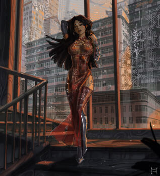 1girl architecture arm_up artist_name black_hair breasts building china_dress chinese_clothes cleavage_cutout clothing_cutout commentary covered_navel dress earrings east_asian_architecture english_commentary from_below gluteal_fold head_tilt highleg highres hoop_earrings indoors jewelry large_breasts long_hair marvel marvel_rivals paid_reward_available parted_lips psylocke psylocke_(vengeance) side_slit skyscraper solo stairs superhero_costume tatti_art thigh_gap thighhighs variant_set window x-men