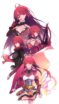 4girls absurdres ahoge armor bare_shoulders belt black_bodysuit black_choker black_gloves black_neckwear bloody_queen_(elsword) bodysuit breasts cape choker cleavage clenched_hand crimson_avenger_(elsword) dark_knight_(elsword) dress elesis_(elsword) elsword evolution gloves hair_between_eyes highres long_hair looking_at_viewer medium_breasts multiple_girls multiple_persona ponytail red_cape red_dress red_eyes red_hair red_scarf red_shirt scarf shiliuye_feiyu shirt simple_background skirt thighhighs very_long_hair weapon white_background white_legwear white_skirt