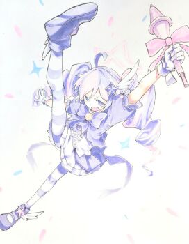 Rule 34 | 1girl, a (mitei7926), ahoge, arm up, blue archive, commentary request, dress, gloves, hair ornament, halo, leg up, long hair, looking at viewer, open mouth, puffy short sleeves, puffy sleeves, purple dress, purple eyes, purple gloves, purple hair, purple shoes, purple thighhighs, reisa (blue archive), reisa (magical) (blue archive), shoes, short sleeves, smile, solo, sparkle, standing, standing on one leg, star (symbol), star hair ornament, striped clothes, striped thighhighs, thighhighs, twintails, v-shaped eyebrows