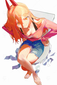 1girl bare_legs barefoot blonde_hair blue_shorts breasts chainsaw_man cross-shaped_pupils crossed_legs denim denim_shorts hair_between_eyes highres legs long_hair long_hair_between_eyes looking_at_viewer medium_breasts pink_shirt power_(chainsaw_man) raneblu shirt shorts sitting solo symbol-shaped_pupils toenails toes toilet toilet_paper white_background yellow_eyes