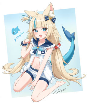 Rule 34 | 1girl, :3, :d, absurdres, ahoge, animal ear fluff, animal ears, barefoot, belt, blonde hair, blue belt, blue bow, blue eyes, blue hair, blue sailor collar, bow, cat ears, collarbone, commentary, dai (tdaitw), fins, fish girl, fish tail, hair bow, hand up, highres, indie virtual youtuber, long hair, looking at viewer, low twintails, multicolored hair, navel, open mouth, paw pose, sailor collar, sameko saba, shorts, smile, solo, stomach, streaked hair, striped belt, striped bow, tail, thighs, tongue, twintails, very long hair, virtual youtuber, white shorts