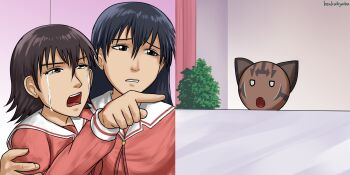 Rule 34 | 2girls, arm around another, artist name, azumanga daioh's school uniform, azumanga daiou, black eyes, black hair, blood, brown eyes, brown hair, cat, crying, crying with eyes open, hendraibyouka, highres, injury, iriomote cat, mayaa (azumanga daioh), multiple girls, pointing, sakaki (azumanga daioh), short hair, takino tomo, tears, woman yelling at cat (meme)
