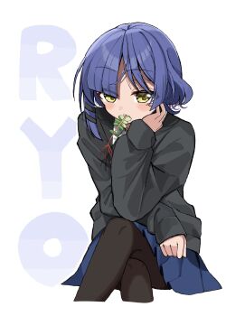 Rule 34 | black jacket, black pantyhose, blue hair, blue skirt, blush, bocchi the rock!, character name, chinami ura, closed mouth, commentary request, crossed legs, feet out of frame, green eyes, hair ornament, hairclip, hand on own face, highres, invisible chair, jacket, leaf in mouth, looking at viewer, mole, mole under eye, pantyhose, parallel hairclips, plant roots, short hair, sitting, skirt, sleeves past wrists, text background, white background, yamada ryo