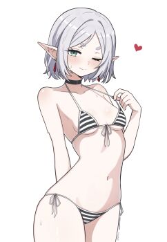 1girl absurdres alternate_costume alternate_hair_length alternate_hairstyle bikini bikini_top_pull black_choker blue_choker blush breasts choker closed_mouth commentary cowboy_shot earrings elf english_commentary frieren green_eyes grey_hair highres jewelry looking_at_viewer one_eye_closed pointy_ears pulling_own_clothes short_eyebrows short_hair side-tie_bikini_bottom simple_background small_breasts smile solo sousou_no_frieren striped_bikini striped_clothes suoniko sweat swimsuit teardrop_earrings thick_eyebrows thighs white_background