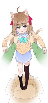 Rule 34 | 1girl, ahoge, aqua bow, aqua bowtie, armpit carry, black socks, black thighhighs, blue eyes, blue sailor collar, blue skirt, bow, bowtie, box, brown hair, cardboard box, cardigan, commentary, english commentary, full body, green hoodie, hair between eyes, hair ornament, hair ribbon, heart, heart hair ornament, highres, hood, hoodie, long hair, looking at viewer, milanesa 001, neuro-sama, no shoes, open mouth, pleated skirt, pov, red ribbon, ribbon, sailor collar, simple background, single sock, single thighhigh, skirt, socks, solo, thighhighs, two side up, vedal987, vedal ai, virtual youtuber, white background, yellow cardigan