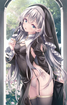 1girl black_dress black_thighhighs black_veil blue_eyes breasts commentary_request covered_erect_nipples cross crossed_bangs dress flower frilled_sleeves frilled_veil frills gold_trim grey_hair highres holding holding_cross long_hair looking_at_viewer nun open_mouth original panties rose ryo_(botugo) side-tie_panties side_slit skindentation small_breasts solo thighhighs thighs underwear veil white_flower white_panties white_rose