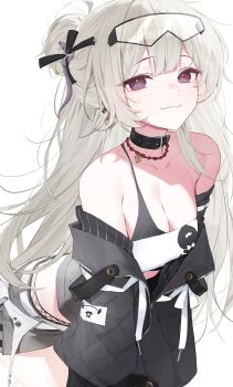 1girl absurdres bare_shoulders belt_collar black_jacket black_shorts breasts character_request cleavage collar collarbone commentary_request commission earrings eyewear_on_head glasses gradient_eyes grey_eyes grey_hair hair_bun highres huhi_(huhi_1211) jacket jewelry korean_commentary light_smile long_hair looking_at_viewer medium_breasts multicolored_eyes off_shoulder original pink_eyes safety_glasses second-party_source shorts simple_background single_earring single_strap solo white_background