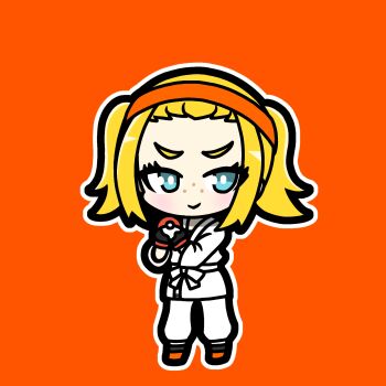 1girl :&gt; aqua_eyes black_gloves blonde_hair bright_pupils chibi chibi_only closed_mouth commentary_request dougi eyelashes flat_color freckles full_body gloves headband highres josee_(pokemon) long_sleeves naconaconacosu nintendo orange_background orange_headband orange_shoes outline pokemon pokemon_legends:_z-a shoes simple_background smile solo standing twintails white_outline white_pupils