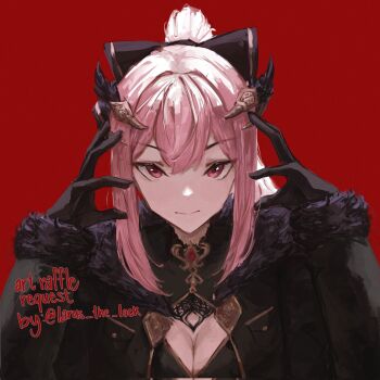 Rule 34 | 1girl, black gloves, breasts, cleavage, commentary, english commentary, fur trim, gloves, highres, hololive, hololive english, large breasts, long hair, looking at viewer, mori calliope, mori calliope (grimoire), official alternate costume, official alternate hairstyle, pink hair, ponytail, solo, tablicoart, virtual youtuber