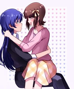 Rule 34 | 2girls, amami haruka, black pants, black shirt, blue hair, blush, bow, brown hair, checkered clothes, checkered dress, closed mouth, commentary, dress, facing another, hair bow, heart, heart background, highres, idolmaster, idolmaster (classic), kisaragi chihaya, long hair, looking at another, multiple girls, open mouth, pants, pink shirt, seine (hanamukes), shirt, short hair, sitting, sitting on lap, sitting on person, triangle mouth, white background, yellow bow, yellow dress, yuri