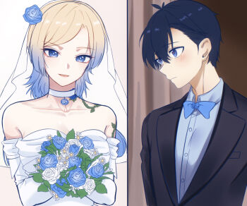 1boy 1girl :d alternate_costume antenna_hair asymmetrical_bangs bare_shoulders black_jacket blonde_hair blue_bow blue_bowtie blue_eyes blue_flower blue_hair blue_lock blue_rose blue_shirt blush bouquet bow bowtie bridal_veil bride buttons choker closed_mouth collarbone commentary_request daisy_(flower) dress dress_shirt elbow_gloves elsound flower flower_choker flower_tattoo genderswap genderswap_(mtf) gloves gradient_hair groom hair_behind_ear hair_flower hair_ornament hetero holding holding_bouquet husband_and_wife isagi_yoichi jacket leaf looking_ahead looking_at_viewer medium_hair michael_kaiser multicolored_hair open_mouth parted_bangs parted_lips rose see-through_clothes see-through_veil shirt short_hair smile split_screen strapless strapless_dress suit_jacket tattoo thorn_print two-tone_hair upper_body veil very_short_hair wedding_dress white_choker white_dress white_flower white_gloves white_rose