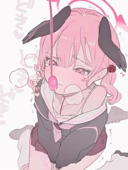 1girl @_@ between_legs black_shirt black_shoes black_wings blue_archive blunt_bangs blush camisole closed_mouth collarbone commentary_request feathered_wings flower hair_flower hair_ornament halo hand_between_legs head_wings heart heart_background kneehighs knees_together_feet_apart koharu_(blue_archive) loafers long_hair long_sleeves looking_at_object loose_socks miniskirt neckerchief off_shoulder parted_bangs pink_eyes pink_hair pink_neckerchief pleated_skirt pussy_juice red_skirt sailor_collar school_uniform serafuku shirt shoes sidelocks simple_background sitting skirt sleeves_past_wrists slit_pupils socks solo sweat tama_launcher tearing_up tears text_background translation_request twintails wariza wavy_mouth white_background white_camisole white_sailor_collar white_socks wings