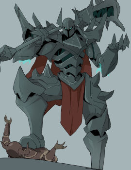 Rule 34 | 1boy, absurdres, armor, cape, full armor, gauntlets, glowing, glowing eyes, greaves, grey background, helmet, highres, holding, holding weapon, league of legends, looking at viewer, mace, mordekaiser, simple background, spiked armor, spikes, stepped on, weapon, white-stew