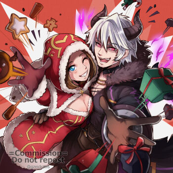 1boy 1girl alternate_costume aura black_choker blue_eyes box breasts brown_hair candy choker christmas christmas_present cleavage coal commission couple dress fangs female_kiran_(fire_emblem) female_kiran_(fire_emblem)_(evomanaphy) fire_emblem fire_emblem_heroes food freckles gift gift_box gloves gzei highres hood horns hug kiran_(fire_emblem) krampus male_robin_(fire_emblem) male_robin_(grima)_(fire_emblem) medium_hair nintendo one_eye_closed red_dress red_eyes santa_costume santa_dress throwing white_hair