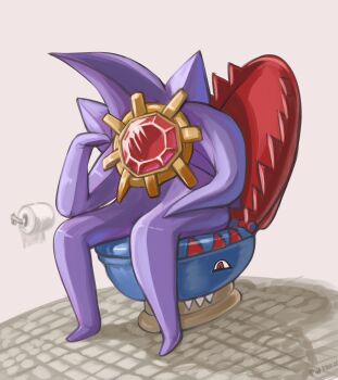 Rule 34 | colored skin, full body, gem, gen 1 pokemon, highres, long legs, mega evolution, mega pokemon, mega starmie, nintendo, no eyes, no humans, pokemon, pokemon (creature), pokemon focus, profitshame, purple skin, red gemstone, simple background, sitting, solo, starfish, starmie, toilet, toilet paper