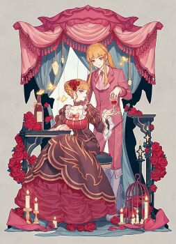 1boy 1girl aluce ascot beatrice_(umineko) birdcage blonde_hair boots bottle braid butler cage candle collarbone commentary crown_braid cup dress flower glass hair_flower hair_ornament highres holding holding_cup jacket long_hair looking_at_another looking_at_viewer pants pink_jacket pink_pants ponytail red_flower rose sidelocks sitting standing symbol-only_commentary umineko_no_naku_koro_ni ushiromiya_lion white_boots