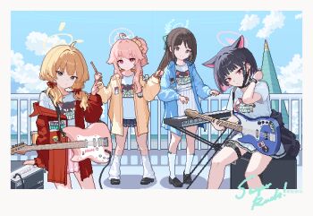 Rule 34 | 4girls, after-school sweets club (blue archive), ahoge, airi (band) (blue archive), airi (blue archive), animal ears, band (music), black choker, black hair, black shoes, black skirt, blonde hair, blue archive, blue bow, blue eyes, blue jacket, blunt bangs, border, bow, bright pupils, brown hair, cat ears, cat girl, choker, closed mouth, clothes around waist, colored inner hair, commentary request, day, drumsticks, electric guitar, green halo, grey eyes, guitar, hair bow, hair bun, hair ornament, hair ribbon, hairclip, halo, highres, holding, holding drumsticks, instrument, jacket, jacket around waist, kazusa (band) (blue archive), kazusa (blue archive), keyboard (instrument), kneehighs, lav2pix, loafers, long hair, looking at viewer, loose socks, low twintails, medium hair, multicolored hair, multiple girls, natsu (band) (blue archive), natsu (blue archive), open clothes, open jacket, outdoors, pigeon-toed, pink hair, pink halo, pink skirt, pixel art, pleated skirt, railing, red eyes, red jacket, red ribbon, ribbon, shirt, shirt tucked in, shoes, single off shoulder, single side bun, sitting, skirt, smile, socks, thigh strap, twintails, twitter username, white border, white pupils, white shirt, white skirt, white socks, yellow halo, yellow jacket, yoshimi (band) (blue archive), yoshimi (blue archive)
