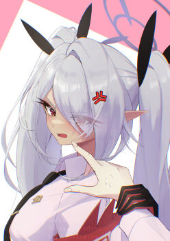 1girl 1other anger_vein angry armband black_necktie black_ribbon blue_archive blush cheek_poking collared_shirt commentary dark-skinned_female dark_skin dress_shirt eyelashes eyes_visible_through_hair grey_hair grey_halo hair_intakes hair_over_one_eye hair_ribbon halo hand_up highres holding_another's_wrist iori_(blue_archive) kimagurain long_bangs long_hair long_sleeves looking_at_viewer necktie open_mouth pointy_ears poking pov pov_hands red_armband red_eyes ribbon school_uniform shirt sidelocks simple_background solo_focus sweatdrop tsurime twintails upper_body v-shaped_eyebrows white_background white_shirt