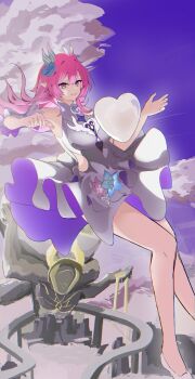 1girl absurdres breasts clothing_cutout cyrene_(honkai:_star_rail) cyrene_(ripples_of_past_reverie)_(honkai:_star_rail) dazetoo dress flower hair_flower hair_ornament hashtag-only_commentary heart high_heels highres honkai:_star_rail honkai_(series) kephale_(honkai:_star_rail) long_hair medium_breasts midair pink_hair pointy_ears purple_eyes side_cutout smile solo white_dress