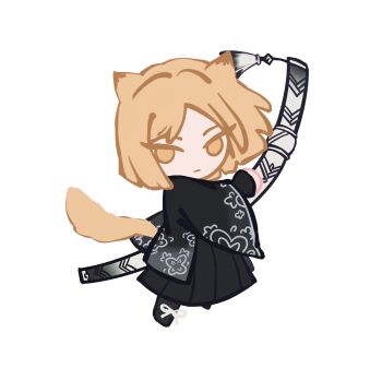 Rule 34 | 1boy, animal ears, black gloves, black hakama, black haori, black shoes, black sleeves, blonde hair, blunt ends, cat boy, cat ears, cat tail, chibi, chibi only, circle hands, closed mouth, commentary request, cross-laced shoes, expressionless, fingerless gloves, floral print sleeves, gloves, hakama, haori, highres, holding, holding sword, holding weapon, japanese clothes, limbus company, long sleeves, male focus, mysopheia, parted bangs, pinky (identity) (project moon), project moon, sheath, sheathed, shoes, sinclair (project moon), solo, sword, sword tassel, tail, tassel, tsurime, weapon, white background, wide sleeves, yellow eyes