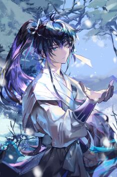 Rule 34 | 1boy, absurdres, ahoge, bishounen, black hair, blue eyes, blue hair, branch, chinese clothes, closed mouth, commentary request, day, expressionless, hair between eyes, hair ribbon, hand up, hanfu, highres, jewelry, jinhongi, kkuekkue (chifer1958), korean commentary, long hair, long sleeves, looking at viewer, male focus, multicolored hair, outdoors, ponytail, ribbon, robe, seol young, sidelocks, sky, snow, snowing, solo, standing, tree, upper body, very long hair, white hanfu, white ribbon