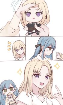 Rule 34 | 2girls, bang dream!, bang dream! it's mygo!!!!!, bangs pinned back, black ribbon, blonde hair, blue hair, blush, character doll, doll, doloris (bang dream!), hair ribbon, long hair, long sleeves, medium hair, misumi uika, multiple girls, open mouth, purple eyes, ribbon, setou (bpdne), shirt, short sleeves, sidelocks, sparkle, togawa sakiko, white shirt, yellow eyes