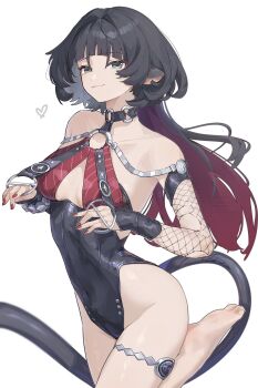 1girl animal_ears barefoot black_hair black_one-piece_swimsuit breasts commentary_request feet fishnet_sleeves fishnets green_eyes highres jane_doe_(nocturne_of_light)_(zenless_zone_zero) jane_doe_(zenless_zone_zero) large_breasts long_hair mouse_ears mouse_girl mouse_tail multicolored_hair official_alternate_costume one-piece_swimsuit red_hair red_nails simple_background smile soles solo suwa_(swk_kkk) swimsuit tail thigh_strap thighs toes two-tone_hair very_long_hair white_background zenless_zone_zero