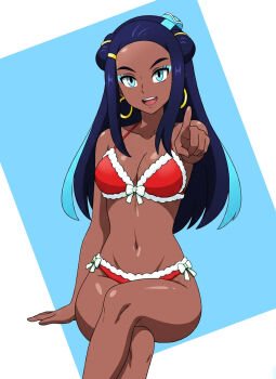 1girl :d alexkonakona alternate_costume aqua_eyes arm_support bikini black_hair breasts cleavage commentary crossed_legs dark-skinned_female dark_skin earrings eyelashes eyeshadow highres hoop_earrings invisible_chair jewelry knees long_hair makeup navel nessa_(pokemon) nintendo open_mouth pointing pokemon pokemon_swsh red_bikini sidelocks sitting smile solo swimsuit teeth upper_teeth_only