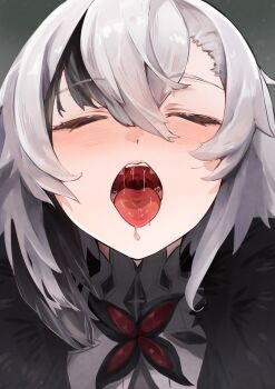 1girl absurdres arlecchino_(genshin_impact) black_streaks blush closed_eyes commentary_request dental_filling drooling facing_viewer fatui_coat fur_trim genshin_impact grey_hair hair_between_eyes highres inlay medium_hair mouth_focus multicolored_hair open_mouth oral_invitation portrait ramsar realistic_teeth saliva saliva_trail solo straight-on streaked_hair teeth tongue tongue_out uvula variant_set